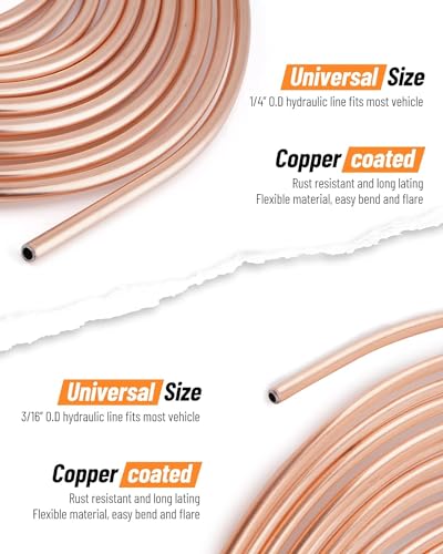 25 ft 1/4" + 3/16" Copper Coated Brake Line Kit (Includes 32 Fittings and 8 Unions) + Tube Bender + Brake Line Double & Single Flaring Tool Kit