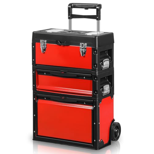 Auto Dynasty Stackable Tool Box 3-Tier Tool Separate Organizer Rolling Tool Chest with Wheels 3-in-1 Upright Trolley for Garage or Workshop, Red - color: Red