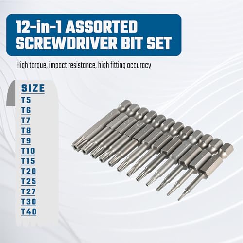 VESTTIO Torx Security Screwdriver Bit Set T5-T40 12PCS 1/4 Inch Hex Shank 2 Inch/50 mm Length S2 Steel Tamper Proof Star 6 Point with Magnetic for Power Screwdriver Drill Impact Driver - size: T5-T40/1 inch