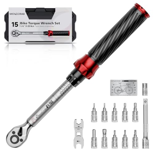 1/4" Drive Click Torque Wrench Set 3-25 N.m/2.21-18.43 Ft.lb, 15-Piece Bike Torque Wrench Kit for MTB & Cycling Maintenance with 8/10mm Brake Cable Wrench, Bits, Card - size: 15pcs Bike Torque Wrench Set