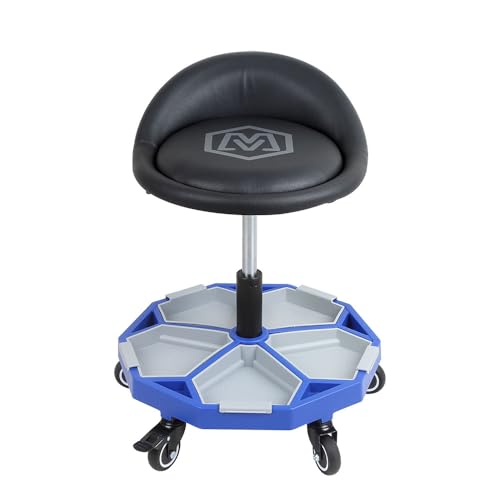 MichaelPro Rolling Mechanic Stool with 5 Removable Tool Trays for Storage, Pneumatic Garage Shop Chair with 350 lb Capacity, Adjustable Height, Padded Swivel Shop Stool with Wheels, Brakes, Backrest