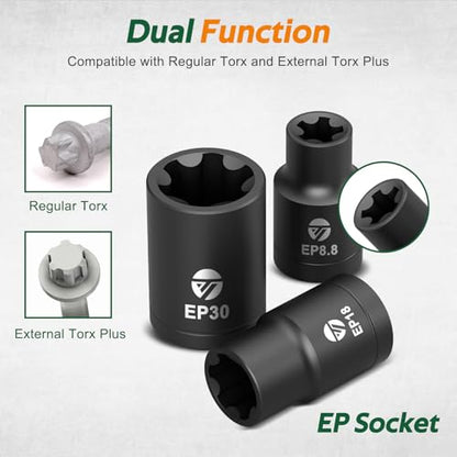 22-Piece External Torx Plus Socket Set, 6-Point EP4-EP32 with Specialty EP8.8 for Tesla EV Battery Removal, 1/4" 3/8" 1/2" Drive E-Torx Plus Sockets for Automotive & Engine Repair, Cr-V Steel