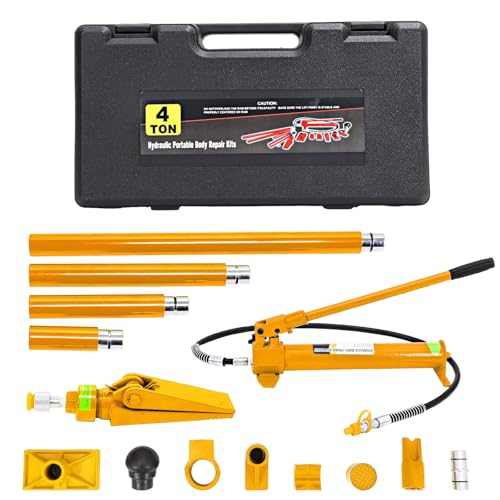 4 Ton Porta Power Kit, Portable Hydraulic Jack with 4.6 ft/1.4m Oil Hose, Auto Body Frame Repair Kit with Storage Case for Car Repair, Truck, Farm - color: Yellow, size: 4 Ton