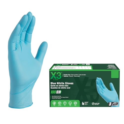 X3 Industrial Blue Nitrile Gloves, Box of 100, 3 Mil, Size XX-Large, Latex Free, Powder Free, Textured, Disposable, Non-Sterile, Food Safe, X349100BX - size: 2X-Large (Pack of 100)