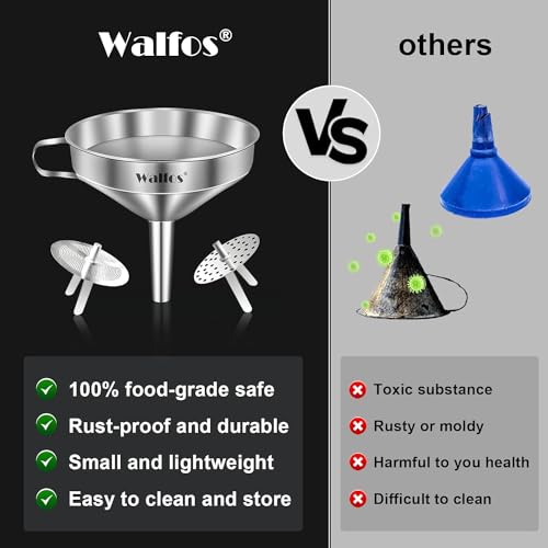 Walfos Extra Large Stainless Steel Funnel with Venting Slot, Kitchen Funnel with 2 Removable Strainer ＆ 1Pc Cleaning Brush, Perfect for Transferring Liquid, Oils, Jam, Dry Ingredients (Jumbo, 7.9") - color: 7.9in Jumbo Funnel