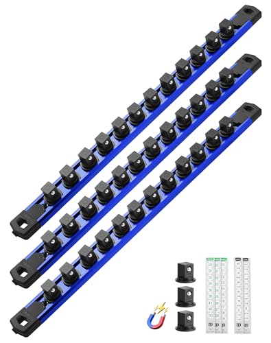 ALOANES Magnetic Socket Organizer Set, 3-Piece Heavy Duty Aluminum Socket Rails, 360° Swivel Clips Socket Rail Kit for Tool Tray Drawer Fit 1/2-Inch x 36 Clips (Blue, 3PC) - color: Blue, size: 3PC, 1/2-Inch Drive