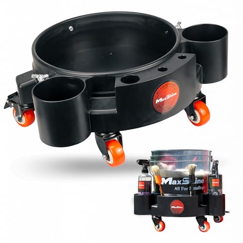 Maxshine Universal Rolling Bucket Dolly – Black Heavy-Duty Polypropylene Car Wash Bucket Cart with 5 Swivel Wheels, 5 Bottle & Brush Holders – Spill-Free Auto Detailing Storage & Garage Organization - color: Bucket Dolly (Black)
