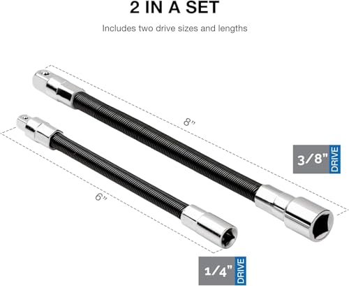 NEIKO 00239A Flexible Extension-Bar Set, 1/4-Inch and 3/8-Inch Drives, Flexible Socket Extension Bars, 2-Piece Set - size: 2 Piece, (6" & 8"), style: Flexible Extension