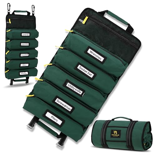 Roll Up Tool Bag Organizer – Heavy Duty Canvas Tool Roll Bag, Tool Roll Up with 5 Oversized Labeled Pockets & Carabiners, Portable Roll Up Tool Organizer for Mechanic, Truck & Car (Green) - color: Green