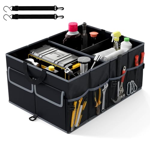 Car Trunk Organizer, 13 Gallon Collapsible Cargo Storage Box with Removable Divider & 6 Pockets, 3-Compatment Trunk Container with Securing Straps & Non-Slip Bottom for SUV, Sedan - size: 13 Gallon