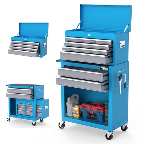 TUFFIOM 8-Drawer Rolling Tool Chest w/Lock, Tool Storage Cabinet w/Wheels, Detachable Top, Drawers & Drawer Liners, Tool Organizer Box for Garage, Warehouse & Repair Shop - color: Blue, size: 8-Drawer