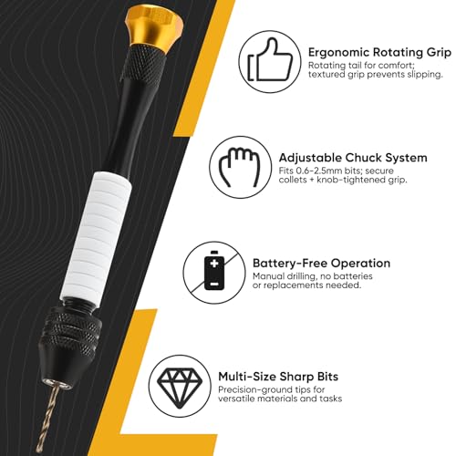 Pin Vise Hand Drill Manual With 22pcs Micro Drill Bits Set | 0.6mm-2.5mm Craft Mini Drills, Ergonomic Grip, Secure 3-jaw Chuck Prevent Slippage, Great for Jewelry, Models & DIY