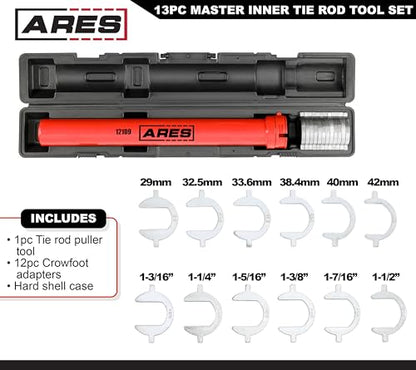 ARES 12109 – 13 Piece Master Inner Tie Rod Tool Set – Includes 12 Chrome Moly Crowfoot Wrench Adapters – Service Inner Tie Rods Without Removing Rack and Pinion – Includes Storage Case - size: 13 Piece Master Inner Tie Rod Tool Set