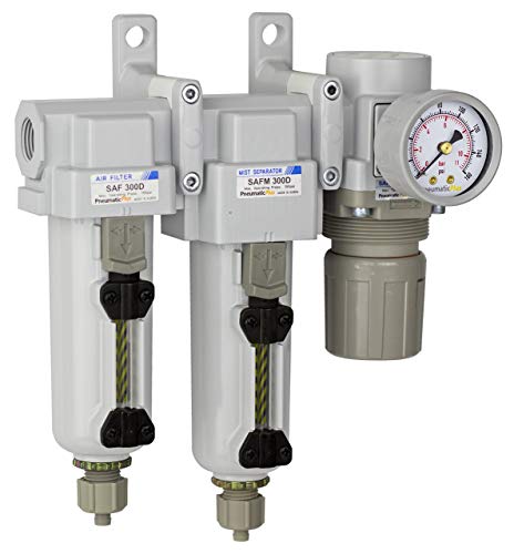 PneumaticPlus SAU330-N03G-MEP Three Stage Compressed Air Drying System - Particulate Air Filter, Coalescing Filter, Air Pressure Regulator Combo 3/8" NPT - Metal Bowl, Manual Drain, Gauge - style: Metal Bowl - Manual Drain