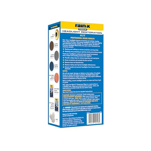 Rain-X 610153 Headlight Restoration Kit - Car Light Lens Cleaner/Restorer with Sanding & Polishing Drill Attachments & Sealant Wipe, Removes Scratches & Oxidation- All in 1 Long Lasting Formula - style: Headlight Restoration Kit - Drill Required