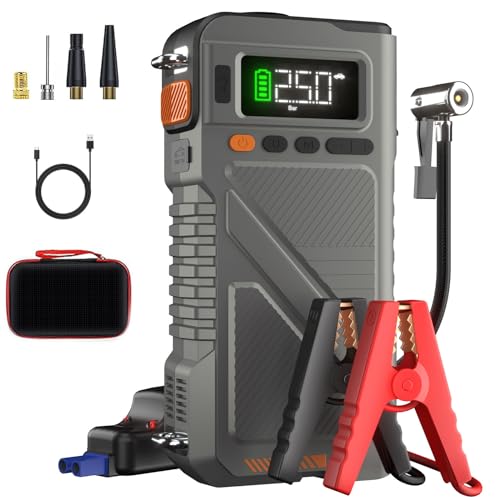 Portable Car Jump Starter with Air Compressor, 8000A Jump Box Combo 150PSI Tire Inflator, 12V Vehicle Jumpstarter Power Pack for All Gas/12L Diesel - color: Gray-7IN1