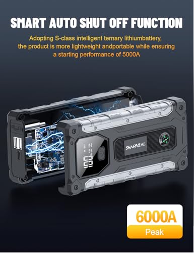 Sharmeal Car Battery Jump Starter 6000A, Jump Starter Battery Pack for All Gas and 10.0L Diesel, 12V Portable Jump Box with LED Light - color: 6000A+Charging Cable+Charger Block