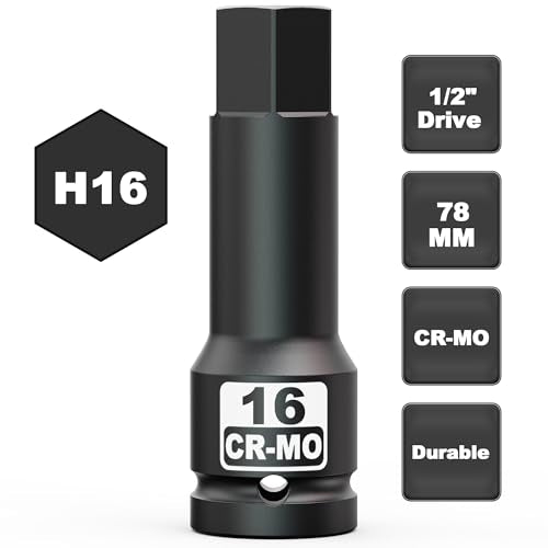 1/2" Drive 16 mm Hex Impact Bit Socket, H16 Allen Bit Socket, Metric, Cr-Mo Steel, Automotive Repair Industrial Maintenance and DIY Enthusiasts Alike - size: 1/2" H16 Deep