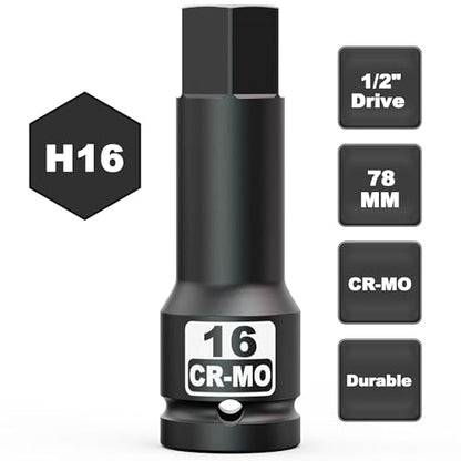 1/2" Drive 16 mm Hex Impact Bit Socket, H16 Allen Bit Socket, Metric, Cr-Mo Steel, Automotive Repair Industrial Maintenance and DIY Enthusiasts Alike - size: 1/2" H16 Deep