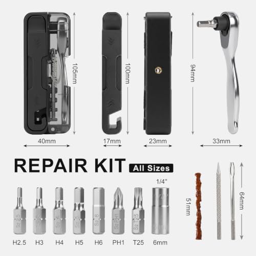 Compact Bike Repair Tool Kit with Bidirectional Ratchet Wrench & 7 S2 Bits | All-in-one portable design, bidirectional ratchet wrench, 7 magnetic s2 steel bits, high-tack vulcanized tire strips