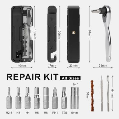Compact Bike Repair Tool Kit with Bidirectional Ratchet Wrench & 7 S2 Bits | All-in-one portable design, bidirectional ratchet wrench, 7 magnetic s2 steel bits, high-tack vulcanized tire strips