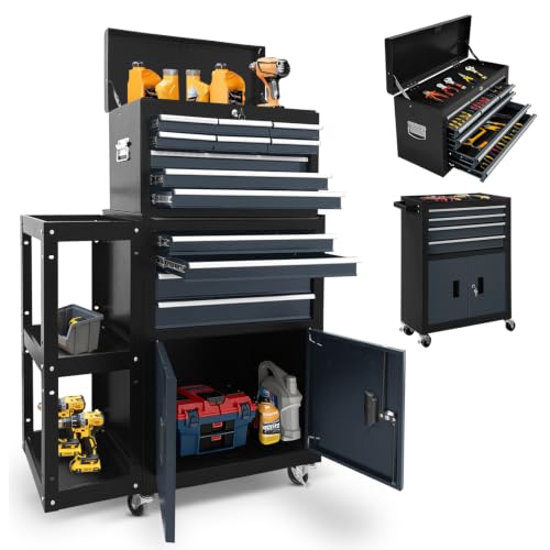 13-Drawer Rolling Tool Chest with Side Shelf, 2-in-5 Detachable Tool Cabinet, Heavy-Duty Metal Tool Box with Lock, Wheels & Open Storage, Large Rolling Tool Organizer for Garage Workshop-Black&Grey - color: With Side Storage Black&Gray