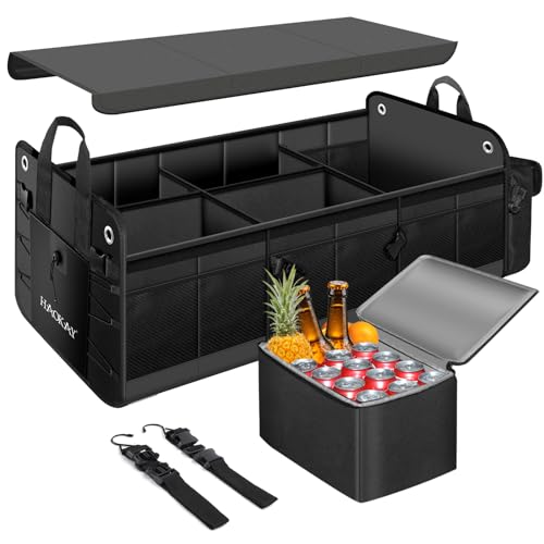 HAOKAY Collapsible Trunk Organizer with Insulated Leakproof Cooler Bag,Removable Lid,Adjustable Securing Straps,3 Compartments 5 in 1 Trunk Organizer for SUV,Truck,Sedan Jeep （95L - size: 3 Compartments with Cooler