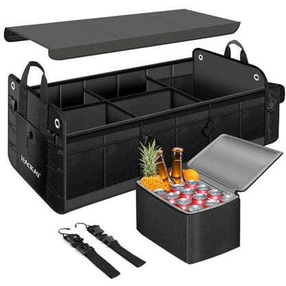 HAOKAY Collapsible Trunk Organizer with Insulated Leakproof Cooler Bag,Removable Lid,Adjustable Securing Straps,3 Compartments 5 in 1 Trunk Organizer for SUV,Truck,Sedan Jeep （95L - size: 3 Compartments with Cooler