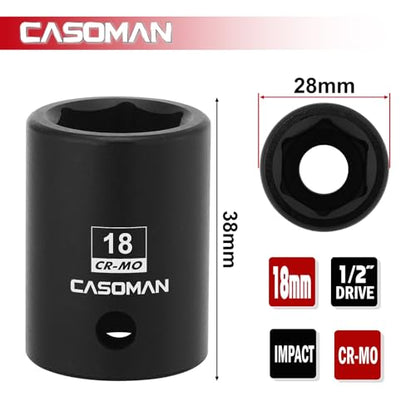 CASOMAN 1/2" Drive x 18mm Impact Socket, 6-Point, Metric, CR-MO - size: 18 mm (Shallow), style: 6-Point Socket
