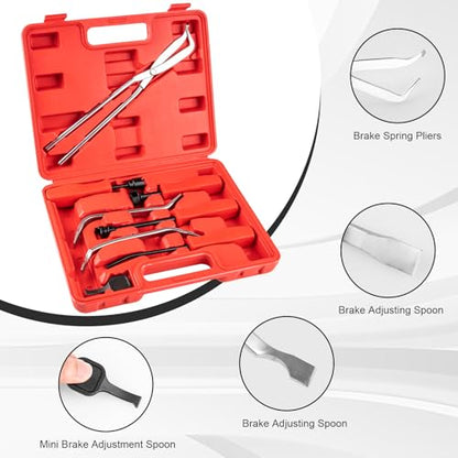 8 PC Drum Brake Tool Kit with Adjusting Tool | Complete Brake Spring Set with Brake Spring Compressor &Brake Spoon, for Brake Service with Spring Pliers, Spring Replacemen