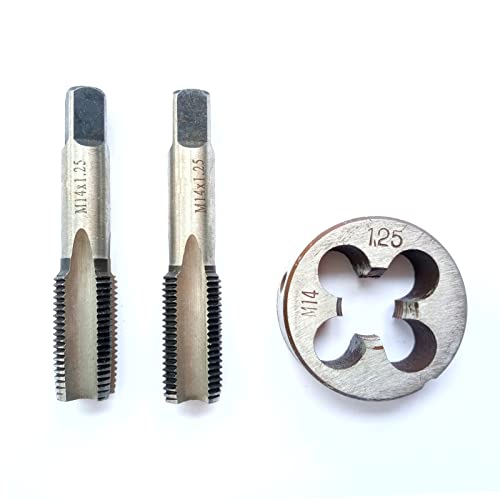AtticZone M14 x 1.25 Metric Hand Thread Tap and Die Set, Right Hand 14 * 1.25, Alloy Tool Steel, 1 Taper Tap, 1 Plug Tap, 1 Round Die for Metal Working DIY Industrial - size: M14x1.25