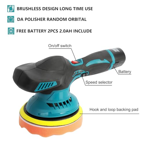 Cordless Car Buffer Polisher, 6 Variable Speed Battery Powered Cordless Powerful Motor Ergonomic Handle Car Polishing Dual Action Car Buffer Polisher with Gloves Apron Set Black&Blue