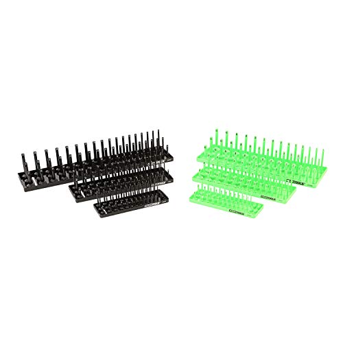 OEMTOOLS 22337 3-Post SAE And Metric Socket Tray Set, 6 Piece, Deep, Shallow, And Impact 3 Row Socket Organizer for Tool Box Drawer, 1/4, 3/8 and 1/2 Inch Drive, SAE And Metric, Black, Green - size: 6 Piece SAE and Metric
