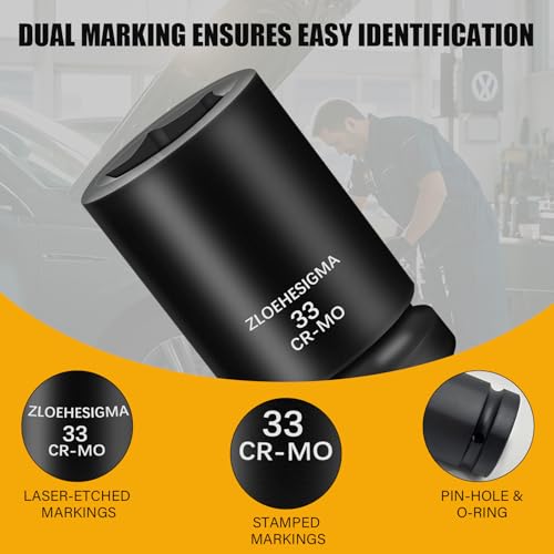 2 PCS 1-Inch Drive 33mm Deep Impact Socket Set,6-Point Axle Nut Socket for Easy Removal of Axle Shaft Nuts,Metric, CR-MO Steel