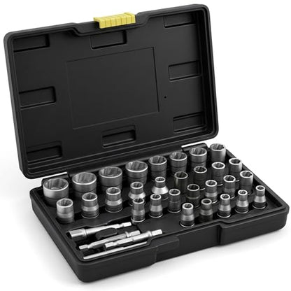 Bolt Extractor Kit, 32PCS Stripped Nut & Lug Removal Kit, Nut Extractor Socket Set with 1/4" & 3/8" Drive, Rounded Bolt Remover for Removing Damaged, Frozen, Rusted, Rounded-Off Bolts, Nuts & Screws