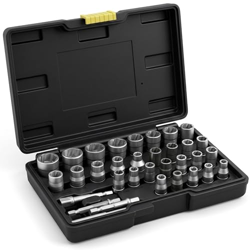Bolt Extractor Kit, 32PCS Stripped Nut & Lug Removal Kit, Nut Extractor Socket Set with 1/4" & 3/8" Drive, Rounded Bolt Remover for Removing Damaged, Frozen, Rusted, Rounded-Off Bolts, Nuts & Screws