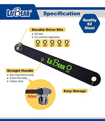 LABEAR 5-Piece EDC Low Profile Offset Torx Screwdriver Set, T20-T40 | S2 steel Torx bit sections, 90° offset access, carabiner carry, compact EDC storage, low-clearance repair, T20-T40 sizes - size: TORX