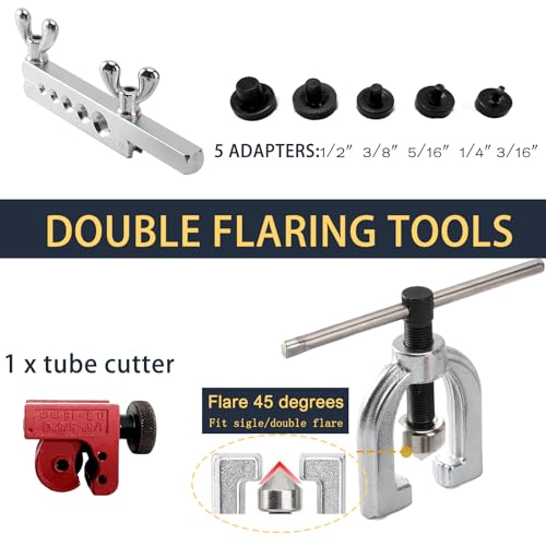Professional Brake Line Flaring Tool Kit (3/16"-1/2") + 25ft Copper-Coated Steel Line - Double/Single Flare Tool with 16+4 Fittings, Cutter & Case for Automotive/HVAC - size: 3/16-1/2 inch
