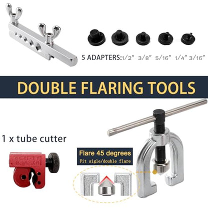 Professional Brake Line Flaring Tool Kit (3/16"-1/2") + 25ft Copper-Coated Steel Line - Double/Single Flare Tool with 16+4 Fittings, Cutter & Case for Automotive/HVAC - size: 3/16-1/2 inch