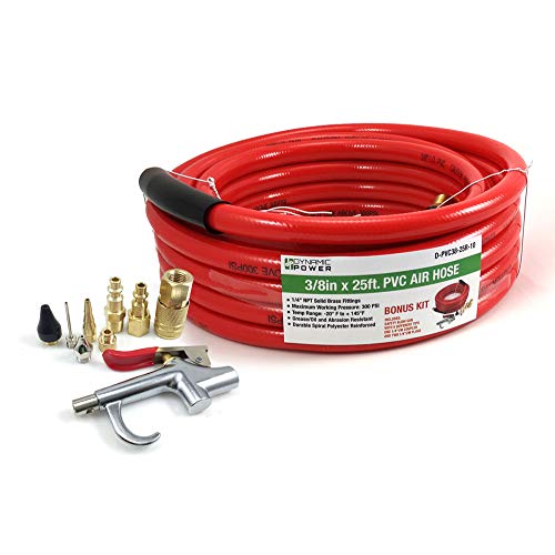 DYNAMIC POWER 3/8 x 25 FT PVC Air Compressor Hose + 10 Pieces Air Compressor Accessories Kit