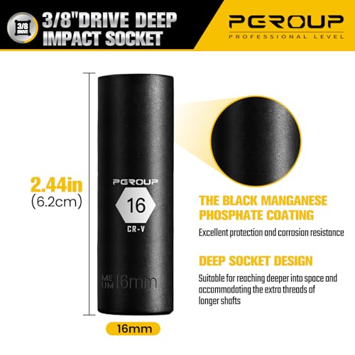 3/8” Drive Deep Impact Socket, Metric(16mm socket), 6-Point, Cr-V Steel With Black Manganese Phosphate Coating - size: 16 mm