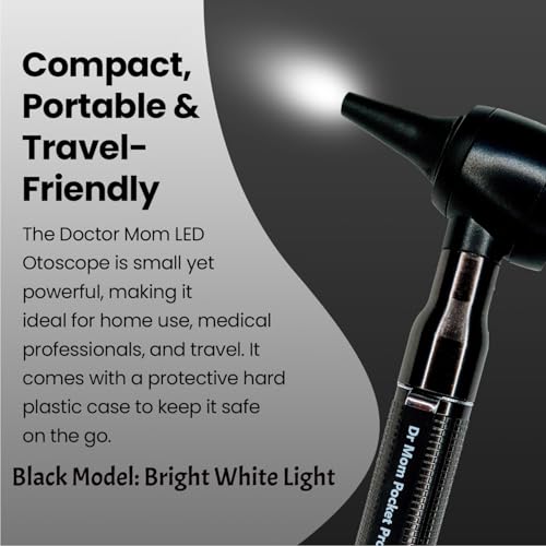 4th Generation Doctor Mom LED Pocket Pro Otoscope with Both Adult and Pediatric Disposable Specula Tips, Battery, and Protective Hard Plastic Case - Black - color: Black
