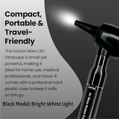 4th Generation Doctor Mom LED Pocket Pro Otoscope with Both Adult and Pediatric Disposable Specula Tips, Battery, and Protective Hard Plastic Case - Black - color: Black