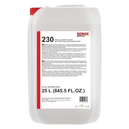 SONAX Wheel Cleaner Plus | Non-Acid Color Changing Formula for Effortless Removal of Brake Dust Grime and Dirt | Safe for All Wheels | Professional Strength Cleaner | 230705 | 25L - size: 845 Fl Oz (Pack of 1)
