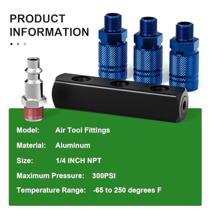 TAISHER 3-Way Straight Air Manifold 4 Ports Aluminum Industrial Pneumatic Air Compressor Quick Connect Socket In Line Type Air Hose Splitter with 3 Couplers and 1/4" Male NPT Plug