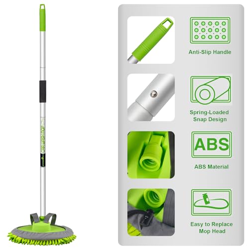 anngrowy 62" Microfiber Car Wash Brush Mop Kit Mitt Sponge with Long Handle Car Cleaning Supplies Kit Duster Washing Car Tools Accessories, 1 Chenille Scratch-Free Replacement Head Aluminum Alloy Pole - color: Green