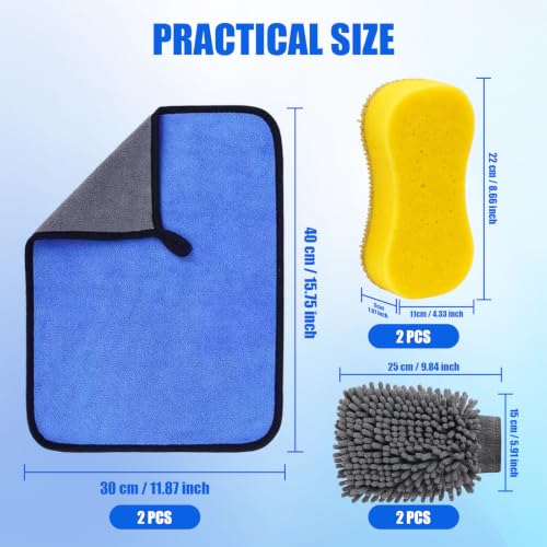 6-Pack Car Cleaning Kit: 2 Scratch-Free Microfiber Wash Mitt, 2 Car Wash Sponge & 2 Microfiber Towels for Cars – Complete Car Wash Set for a Streak-Free Shine - color: 6 Pack