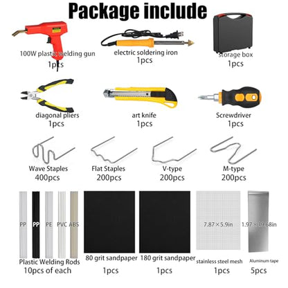 Plastic Welder Kit, 800 PCS Hot Stapler Plastic Repair Kit For Car Bumper Crack Repair, Plastic Welding Kit With Plastic Iron, Plastic Rods,Mesh,Abrasive Paper,Aluminum Tape(RED) - color: Deep Red