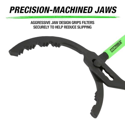OEMTOOLS 25324 14” Oil Filter Wrench Pliers, 2 2/5" To 5" Adjustable Oil Filter Pliers, Heavy Duty Steel Oil Filter Gripper, 20 Degree Jaws, Green And Black | Adjustable Oil Filter Pliers, Heavy Duty Steel Oil Filter Gripper, 20 Degree Jaws, Comfort Grip
