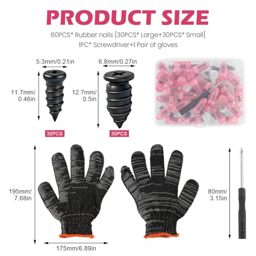 Tire Repair Plugs Kit, Screw In Type, Tubeless Only, Not for Sidewall | Small 0.21 x 0.46 in x30, Large 0.27 x 0.5 in x30, Includes 3.15 in screwdriver gloves case